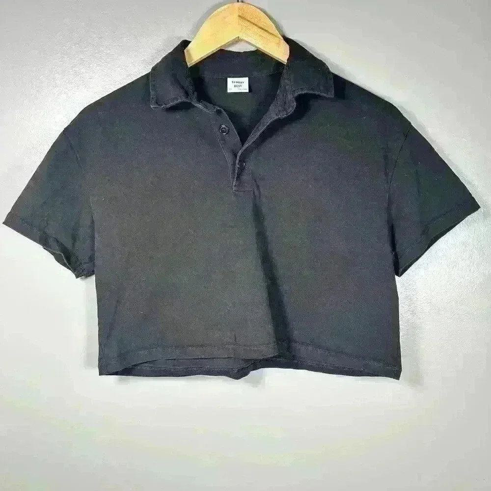 ARITZIA SUNDAY BEST Preppy Boxy Black Crop Polo Collar Button Up Top Women XS